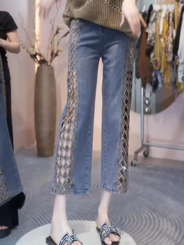 

Summer 2025 High Waist Straight Leg Nine-Tenths Diamond Pattern Embroidery Hollow out Women's Jeans Casual Sle Denim Pants