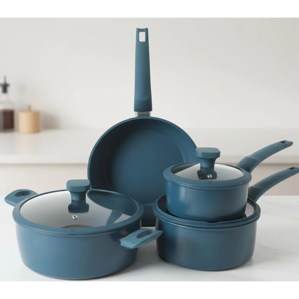 

7-Piece PFA-Free Ceramic Nonstick Carbon Steel Cookware Set - Blue Pots and Pans with Glass Lids for Home Chefs