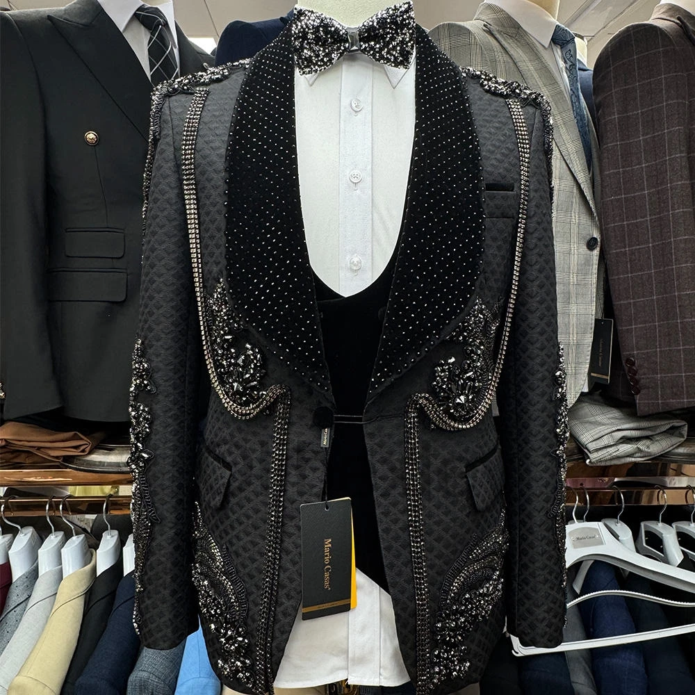 Olibexley High-end Black Groom Wedding Tuxedo Shawl Lapel Gold Beaded Diamond Men Suits 3Pcs Sets Ropa Hombre Customized S520