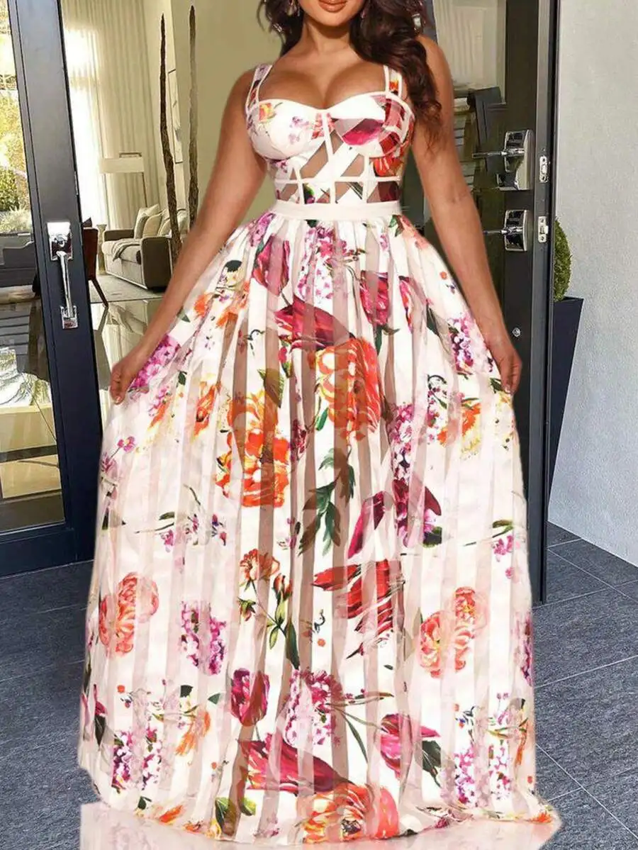 

Structured Bustier Floral Sheer A-Line Maxi Dress For Women