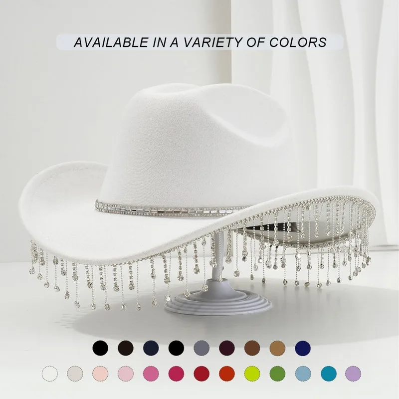 Ladies' unique sweet top hat with square embellishments, a chain, and rhinestone tassels, suitable for music part