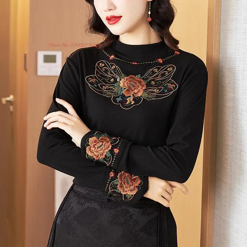

2024 chinese traditional t-shirt national flower embroidery fleece lined shirt vintage hanfu oriental improved ethnic base shirt