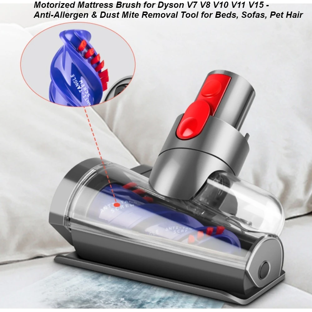 Motorized Mattress Brush for Dyson V7 V8 V10 V11 V15 - Anti-Allergen & Dust Mite Removal Tool for Beds, Sofas, Pet Hair