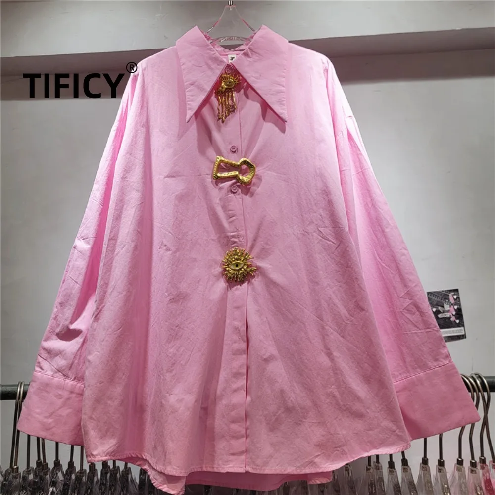 High Street Shirts Men's Spring Collar Metal Buckle Decorative Silhouette Long Sleeved French Elegant Temperament Shirt Tops