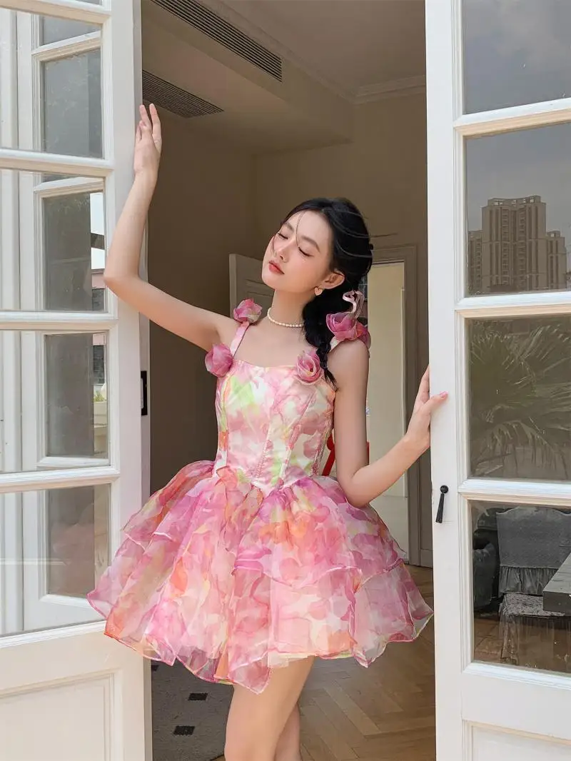 Gagarich New Design Sense 2025 Summer Women Three-dimensional Flower Pattern Sweet One Shoulder Suspender Princess Puffy Dresses