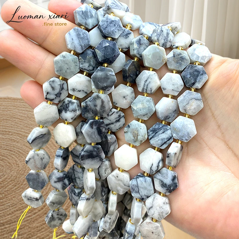 Natural Stone 12mm Hexagon Faceted Black Network Jasper Loose Spacer Beads for Jewelry Making Diy Bracelet Charms Accessories