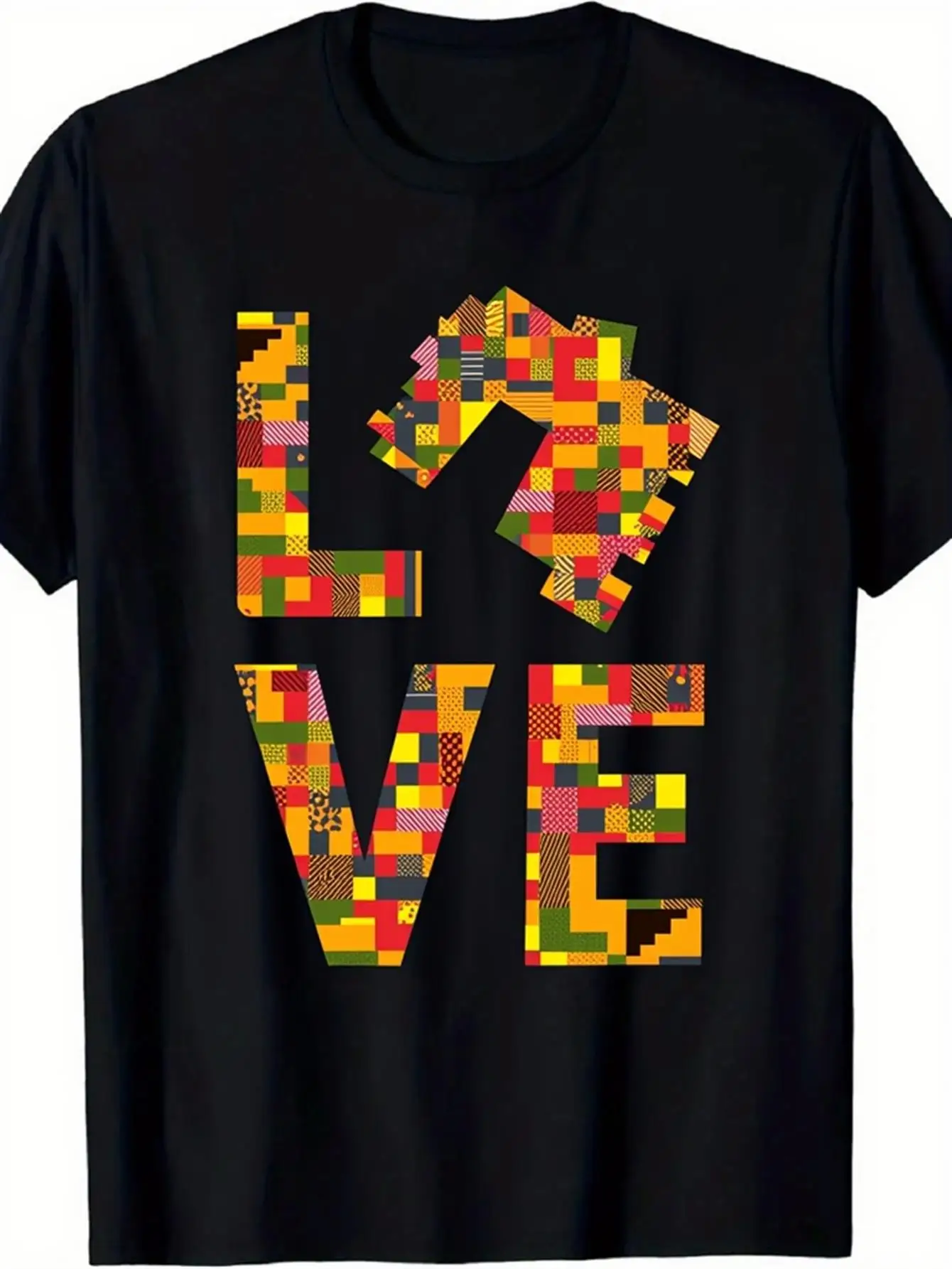 Trendy Men's Black Graphic T-Shirt Love Afro Hair Kente Pattern Bold Letter Print Colorful Geometric Block Design 100% Cotton Heavyweight Short Sleeve Casual Streetwear Tee