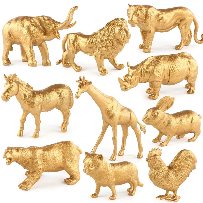 Gold Animal Series Ornament Toys Simulation Lion Elephant Tiger Rhino Children's Toys Static Desktop Decorative Model Ornaments