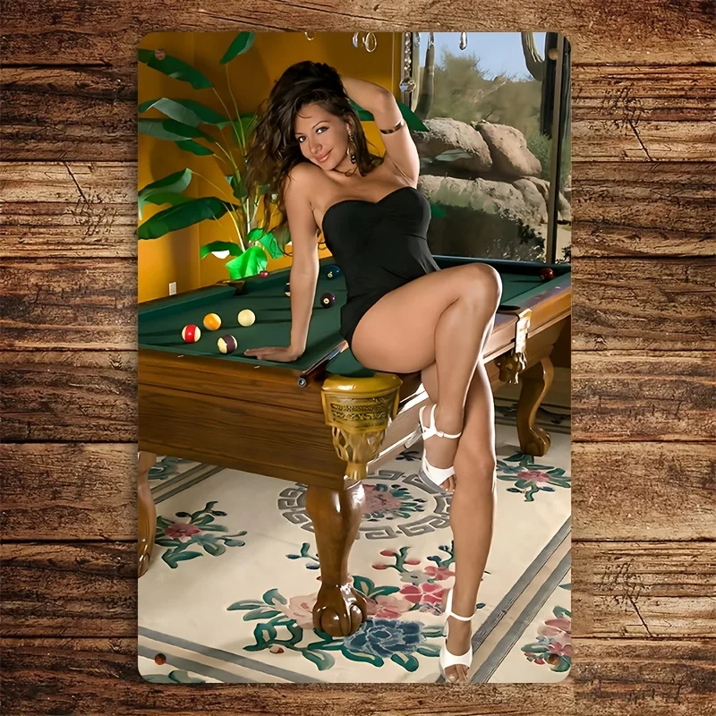Vintage Pool Metallblechschild – Retro-Billard-Wandkunst mit Frau in Schwarz, langlebiges, humorvolles Warnschild aus Eisen für Männerhöhle,