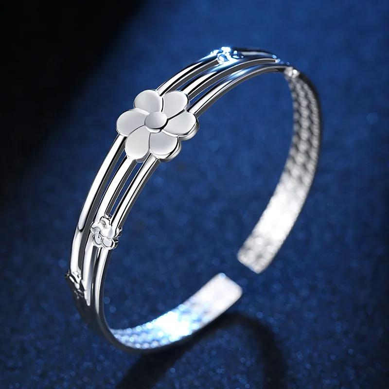 925 Sterling Silver Flower Open Bangle Hand Bracelets For Women Luxury Jewelry  And  Jewellery