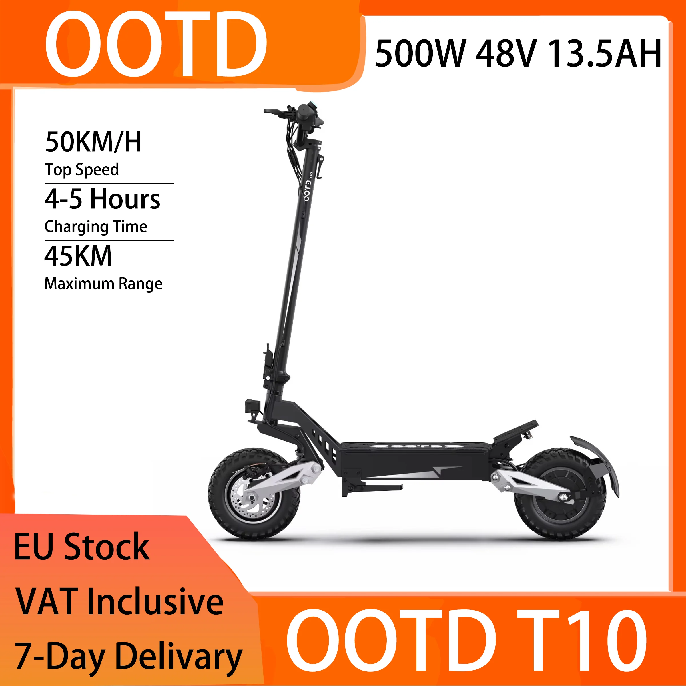 Scooter elettrico OOTD T10 per adulti - 500 W 48 V 13,5 Ah, pneumatici fuoristrada da 11, design pieghevole ed elegante