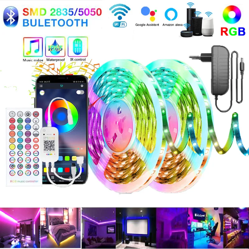 SMD 5050 LED Lights WiFi LED Strip Lights 2835 RGB Tape Flexible Ribbon Diode Lamp Bluetooth Controller+DC 12V power supply