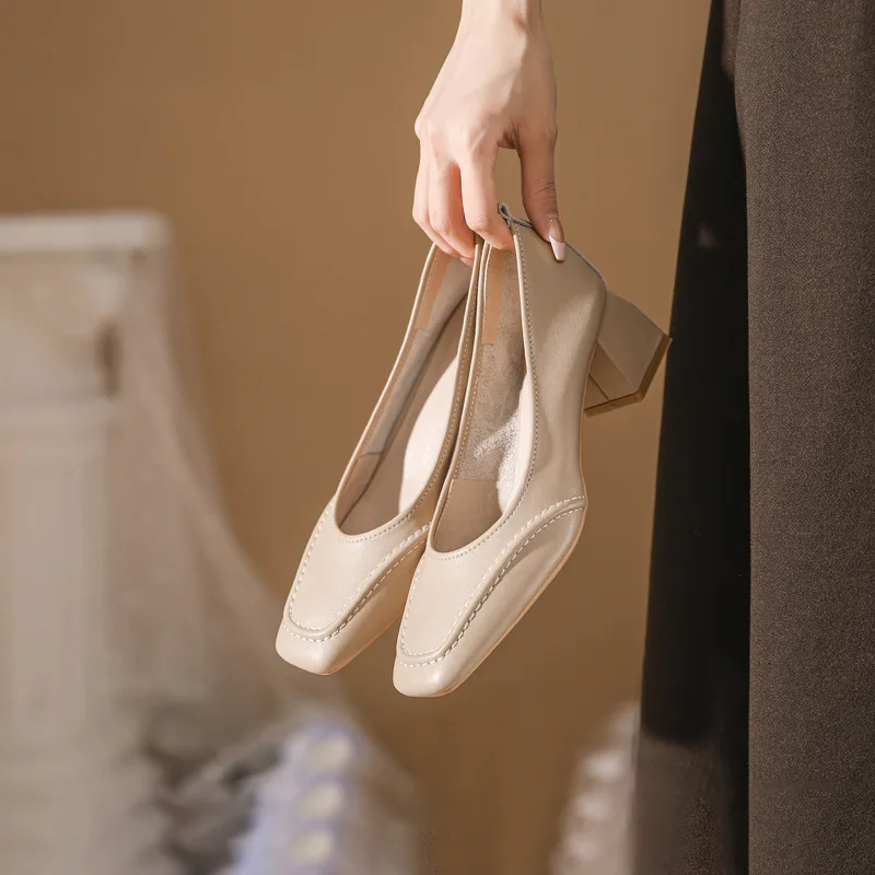 

Single shoe women's thick heel high heels soft leather soft sole fairy style gentle shoes evening style new item