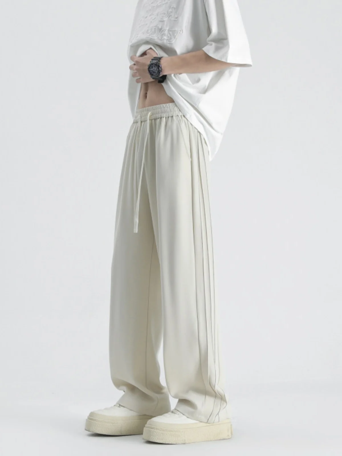 

White Ice Silk Men's West Pants Drapey High-End CleanFit Flared Straight Leg Suit Pants Casual Faionable Summer Leisure Pants