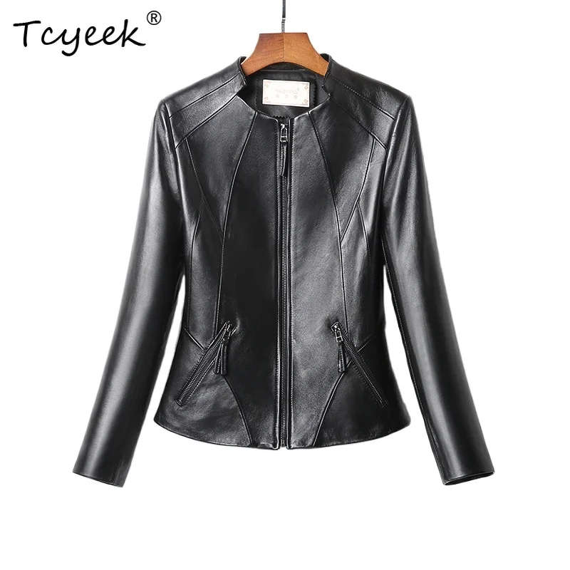 

Tcyeek Женская кожаная куртка из овчины, весна-осень, черная короткая мотоциклетная куртка с воротником-стойкой и длинными рукавами Chaqueta Cuero