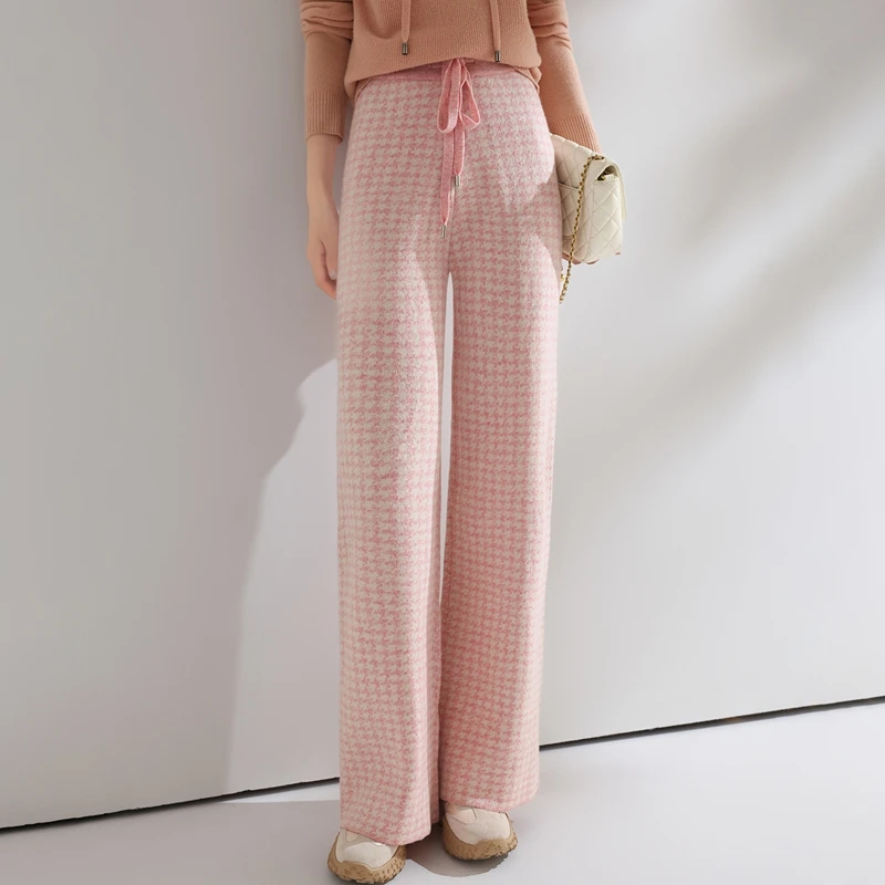 النساء الصوف بنطال ذو قصة أرجل واسعة مرونة الخصر نمط houndstooth بنطلون الخريف الشتاء 100% ميرينو الصوف بنطلون متماسكة لينة الدافئة بانت