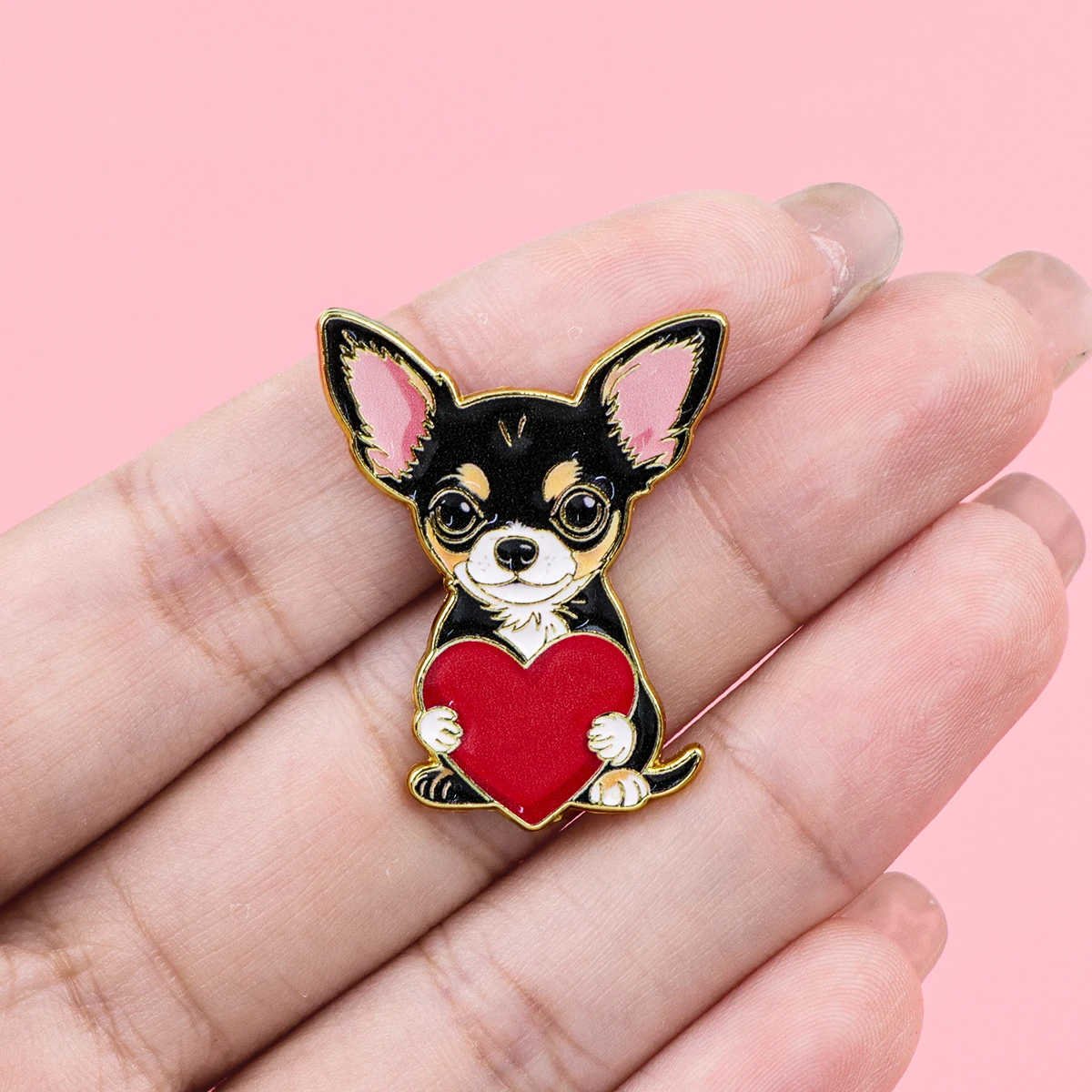 9 Stück Niedliche Chihuahua-Hunde mit Rotem Herz Emaille-Brosche Metall-Anstecknadel für Kleidung, Rucksack, Tier-Schmuck-Accessoires – Detail 7