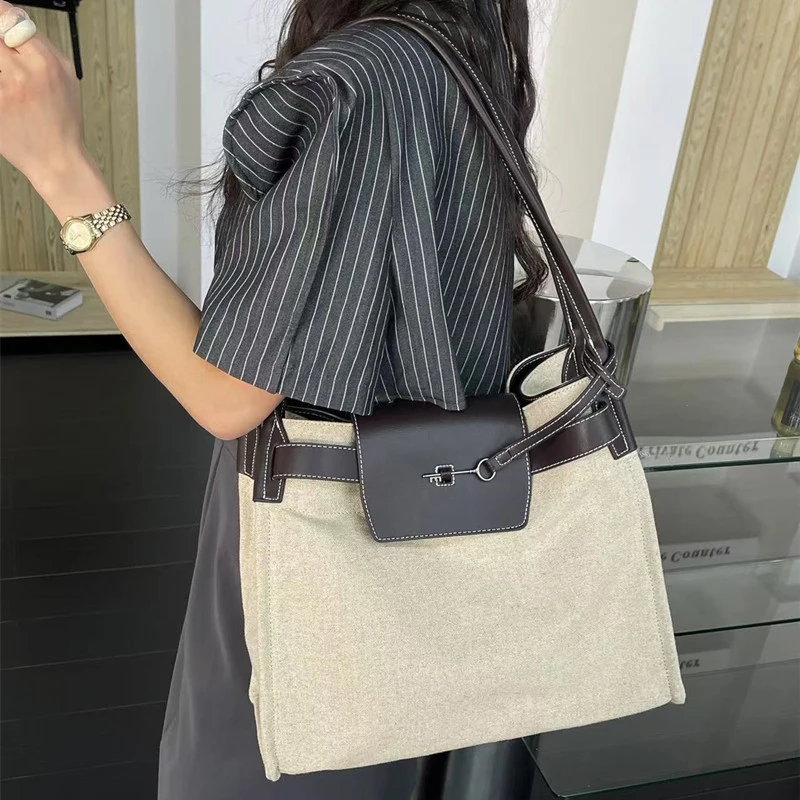 Vintage Soft Canvas Shoulder Bag Women's Large Capacity Tote Bag Contrast Color Design Underarm Bag Key Buckle Leather Handbag