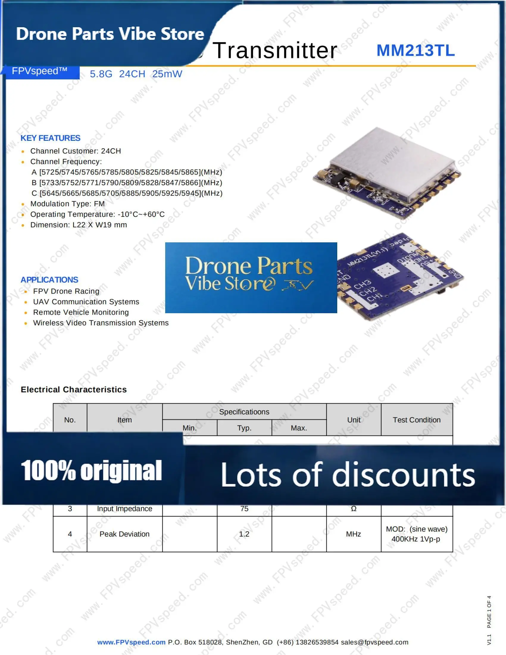 Drone PartsFPVspeed 5.8G 24CH 25mW VTX MM213TL Open Source SPI Mode Long Distance Video Transmission Transmitter Drone FPV Parts