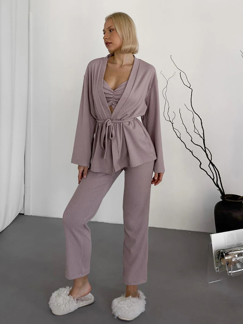 

Marthaqiqi Casual Female Sleepwear Suit V-Neck Pajamas Long Sleeve Lace Up Nightie Tank Tops Pants Women Nightgowns 3 Piece Sets