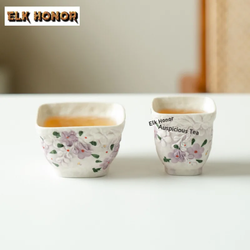 

Чайная чашка из белого минерального камня с ручной росписью в виде вишневого цвета и кошки, чаша для чая, кувшин, чашка для дегустации чая, чашка для медитации, мастер-чашка для чайной церемонии, чайный набор