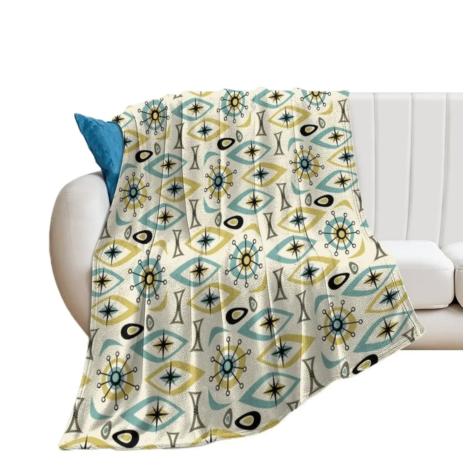 

Mid Century Shapes in Blue and Gold Throw Blanket Soft Beds christmas gifts Multi-Purpose Blankets