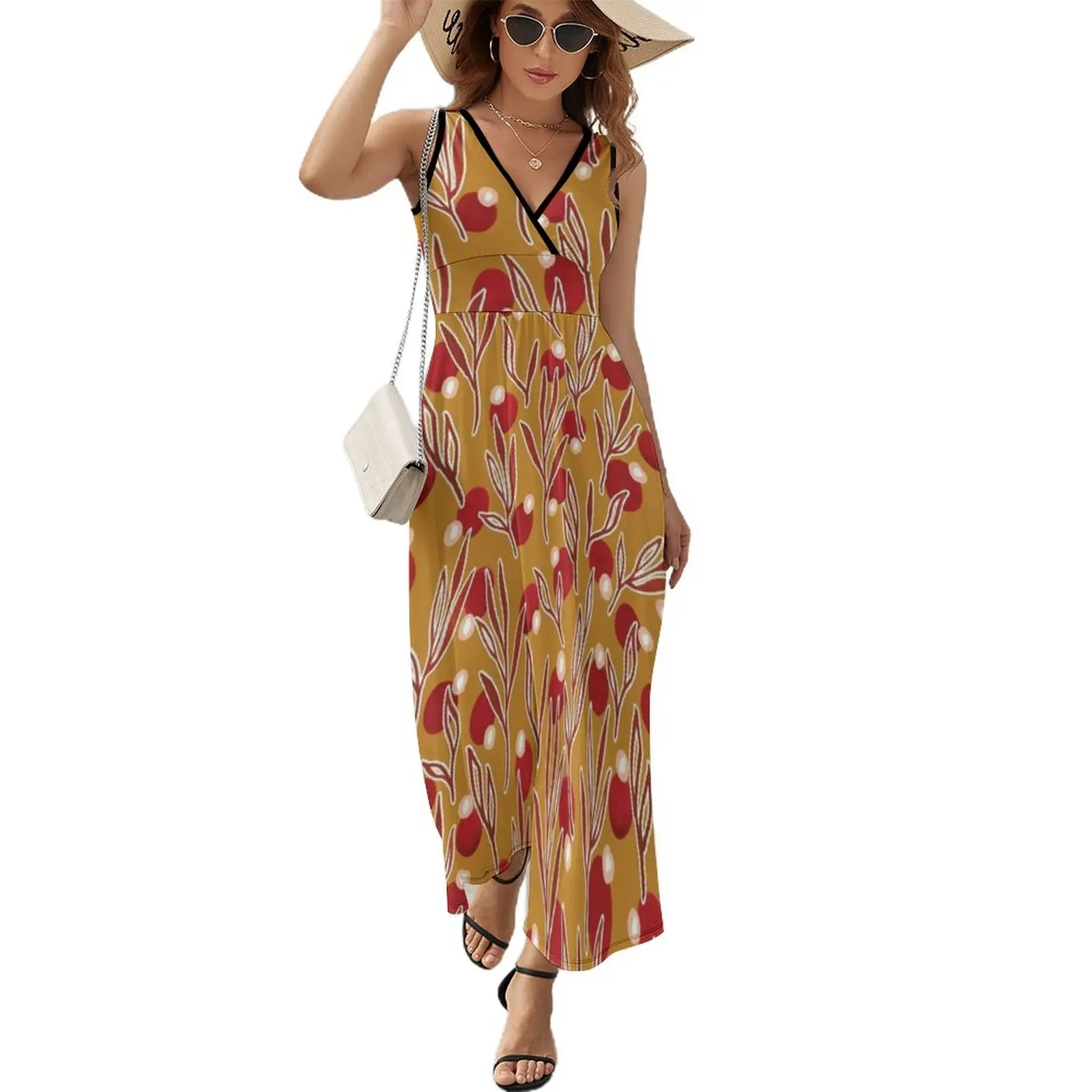 

Red and Ochre Botanical Sleeveless Dress party dress women elegant luxury Women's skirt women's fashion dresses