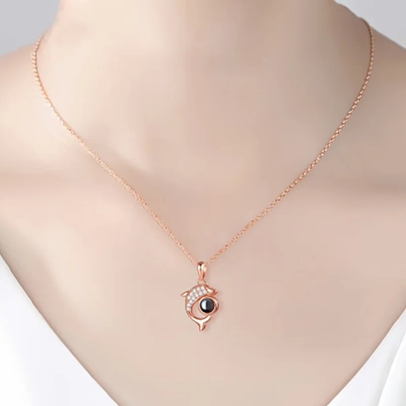 カスタムカラー写真投影ネックレスかわいいイルカペンダントステンレス鋼チェーンジュエリー女性の誕生日ギフト