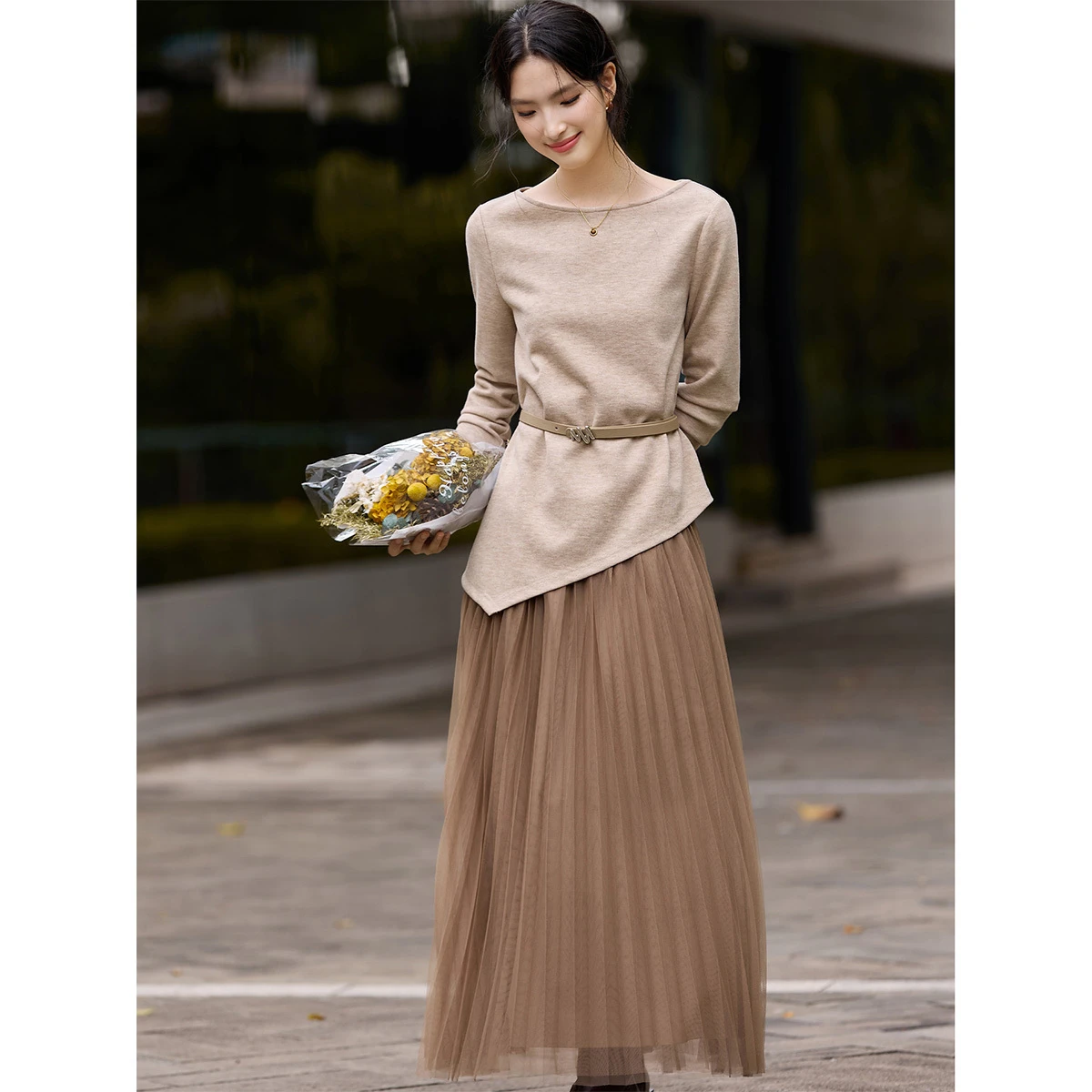 VIMLY 2 Piece Skirt Sets Woman Outfits Elegant Brown Slash Neck Tops Pleated Long Skirts Autumn 2025 Lady Two Piece Sets A3259