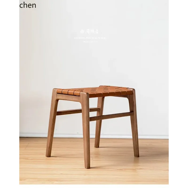 j4  Living Room Home Entrance Shoe Changing Stool Book Cream Leather Woven Low Stool Footrest