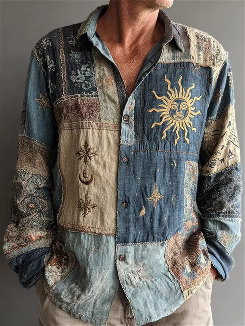 New Washed Denim Peach Blossom 3D Printed Pattern Men's Long Sleeved Shirt Artistic Retro Casual Shirt