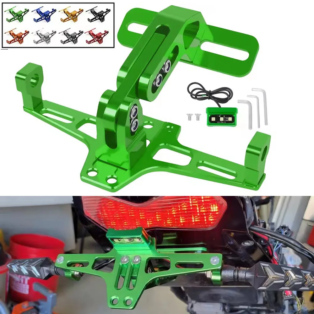 For Kawasaki Z750 Z800 Z900 Z1000 NINJA400 Motorcycle Universal Adjustable Rear Tail Tidy License Plate Holder Bracket LED Light