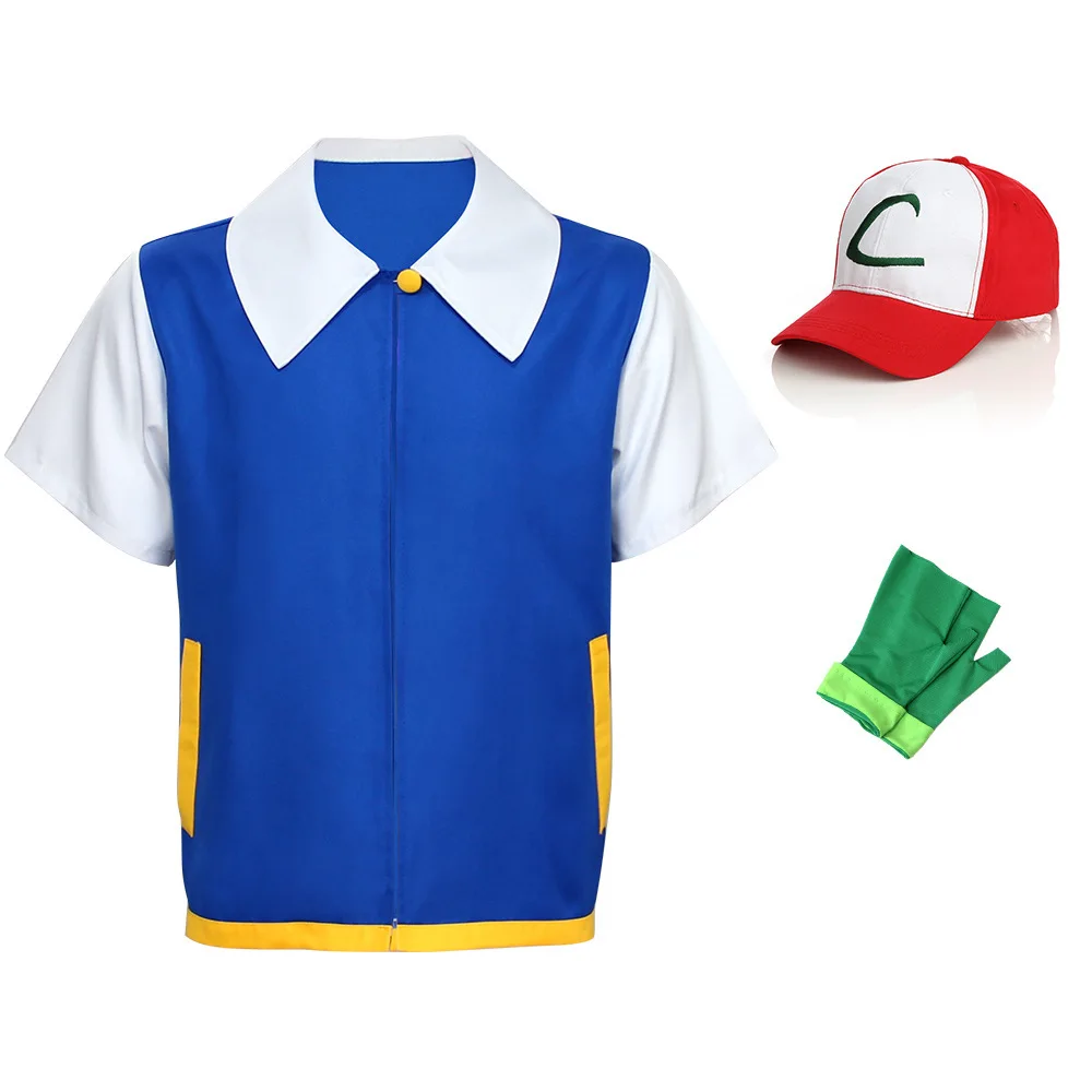Halloween Cosplay Anime Ash Ketchum Kleding Mannen Blauwe Jas Kostuum Jongens Meisjes Cosplay voor Party Trainer Kinderen en volwassenen Set