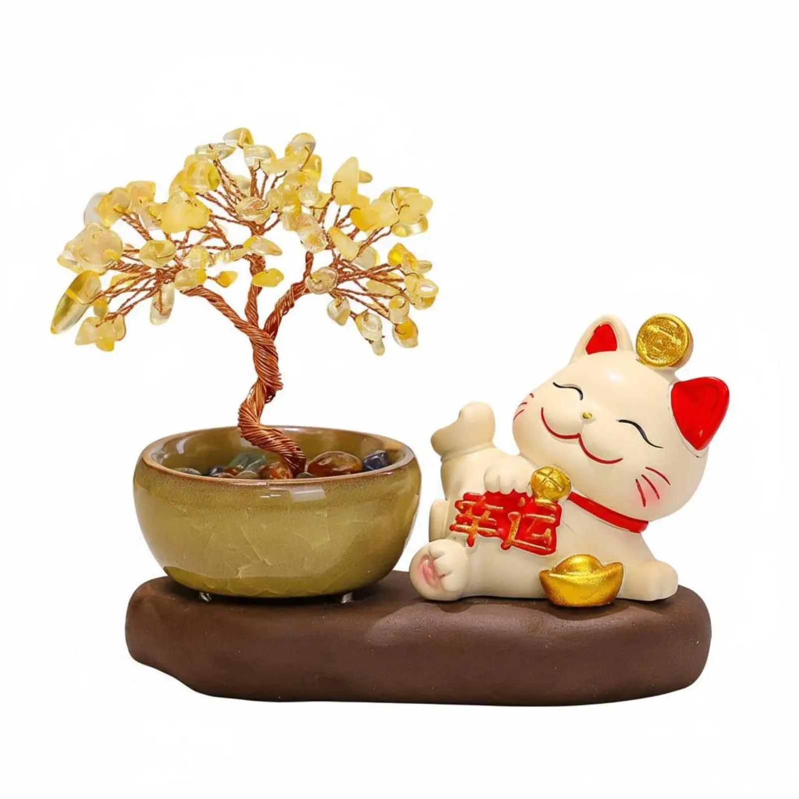 Japanese Lucky Cat Figurine with Crystal Tree Ice Crackle Pot for Prosperity Desk Shelf Decoration