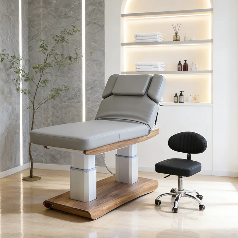 

Electric Massage Table, 4 Motors Wooden Grain Base Facial Spa Bed, Adjustable Esthetician Cosmetic Beauty Bed, Salon Furniture