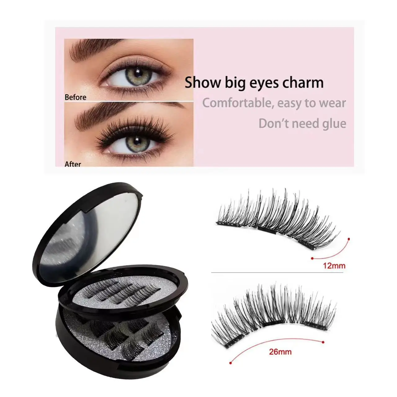 Hot Sale 4Pcs 3 Magnetic False Eyelashes &8Pcs Magnetic Half EyeLash Double-deck With Mirror Natural Magnet Eye Lashes Glue-free