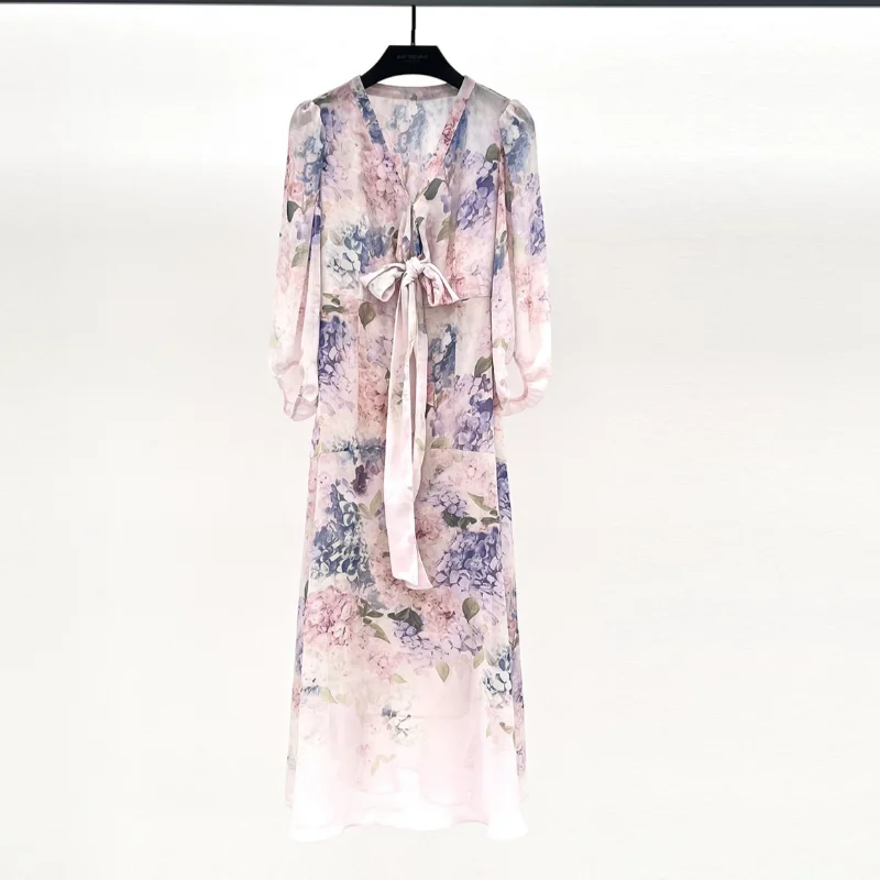 

New Chiffon Floral Micro-transparent V-neck Bow Ribbon Long Dress Women with Seven Sleeves Sweet Holiday Elegant Vintage Dress