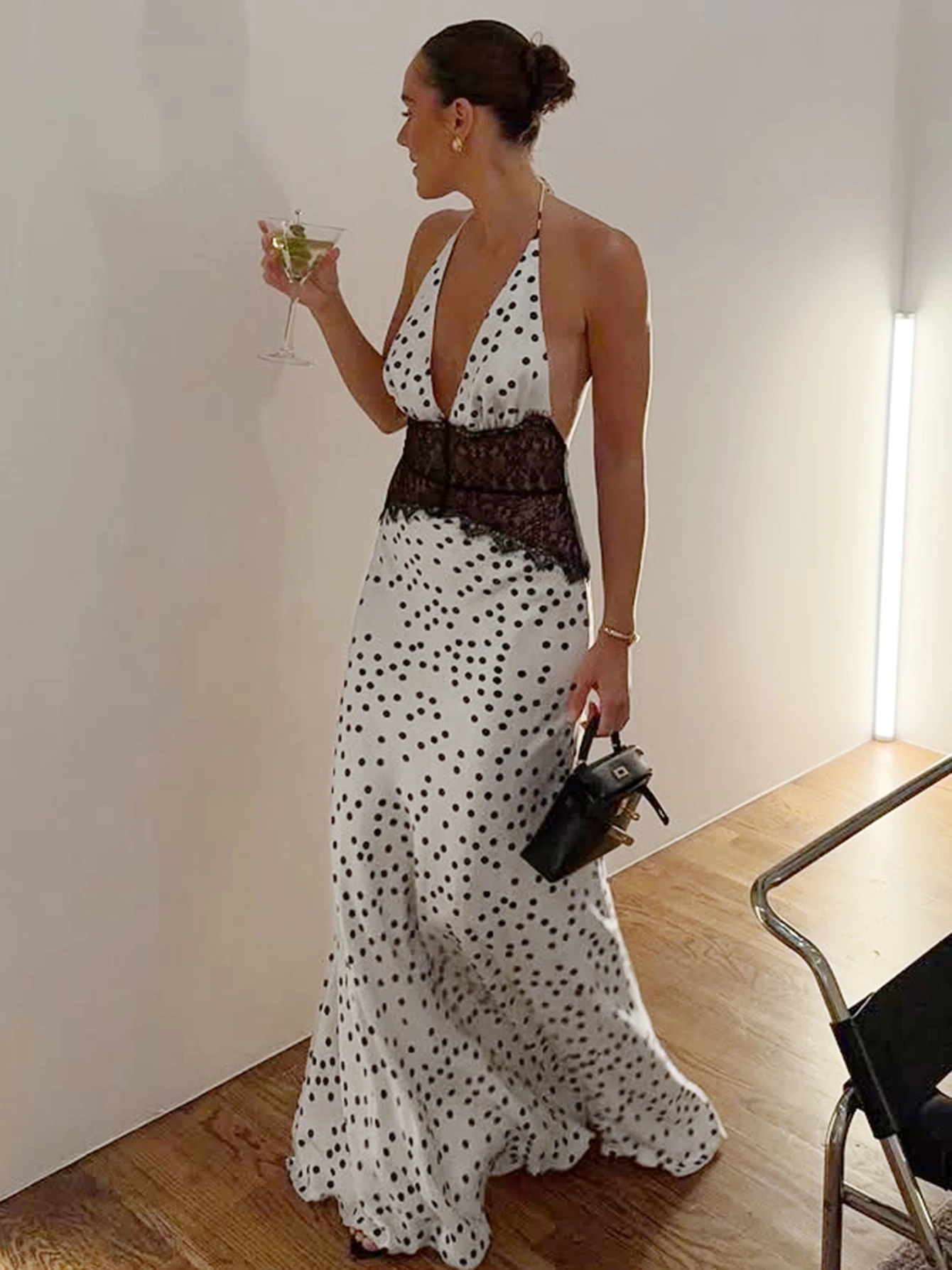 Hugcitar 2026 à pois licou dos nu à lacets Patchwork dentelle Sexy Maxi robe pure été femmes mode tenue fête Festival