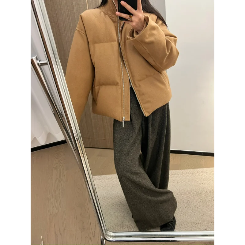 Women Niche 90% White Duck Down Coats Wool Blend Autumn Winter Ribbed Stand Collar Pocket Silhouette Jacket Warm Tops Puffer