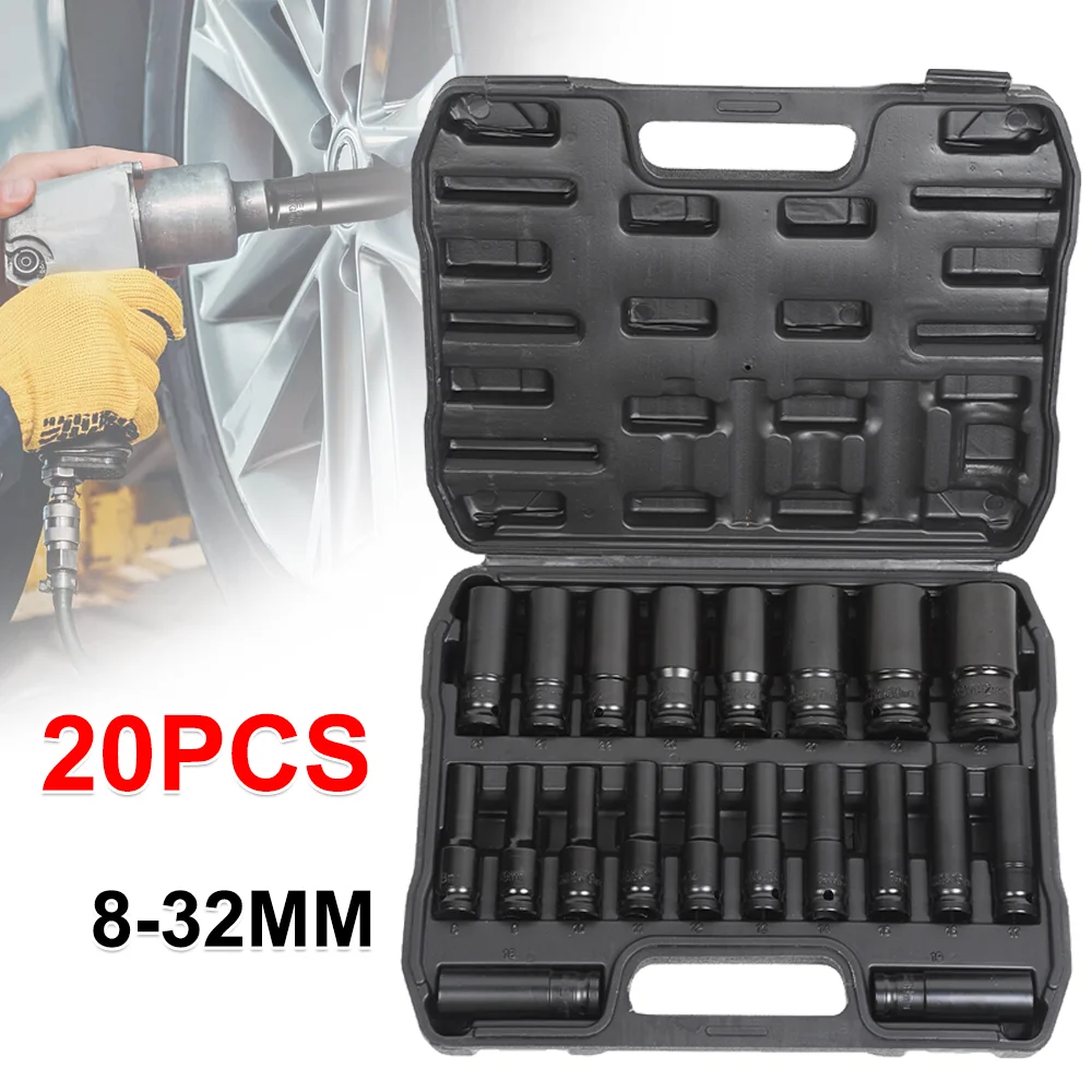 Set di bussole per chiave a impulsi elettrica, misure metriche 8-32 mm, set di bussole a impulsi in acciaio al carbonio, attacco da 1/2”, chiave a brugola, bussole profonde