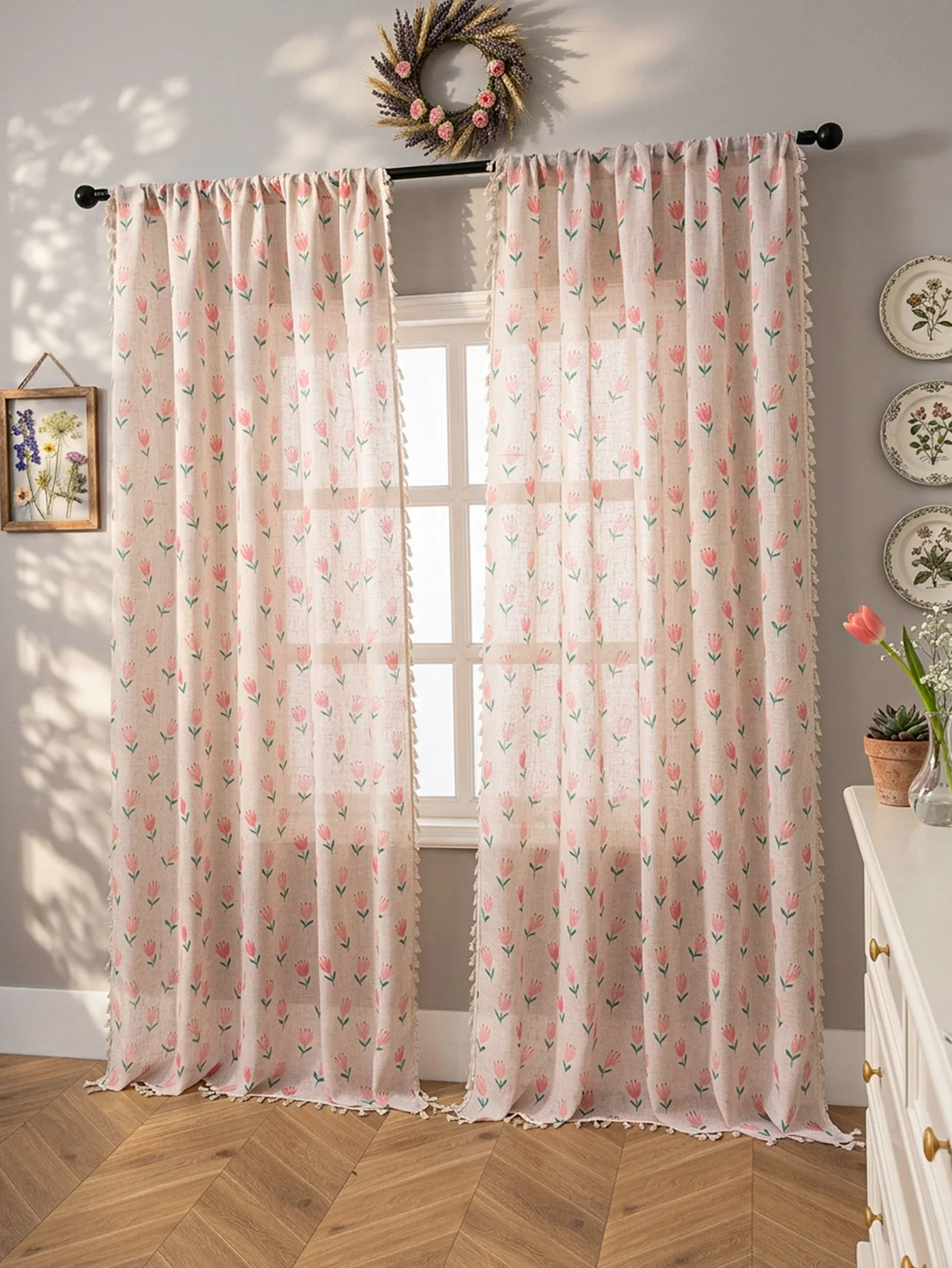 Pink Floral Curtains French Vintage Farmhouse Patterned Decor Window Drapes With Tassels, Girls Semi-Sheer Light Filtering