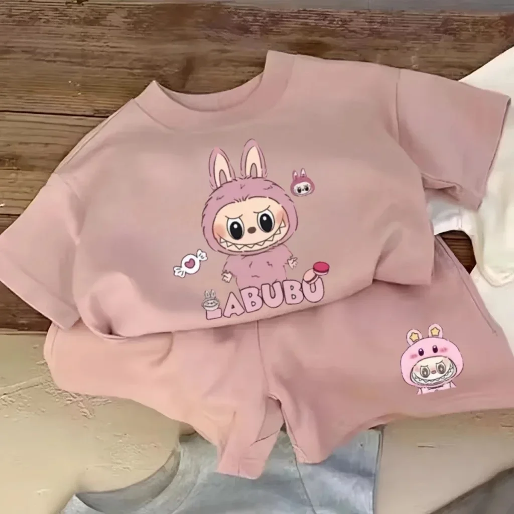 

2pcs LABUBU Summer Cartoon Fashion Loose Children Short sleeve shorts set Boys Girls Cute Short Sleeve T-shirt Shorts