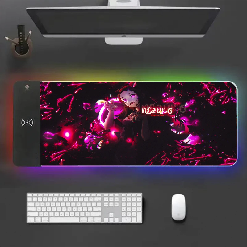 

800X300MM Mouse Pad with Backlight Nezuko Mouse Mats Tanjirou15W Wireless Charger Desk Mat Anime Demon Slayer Gaming Accessories