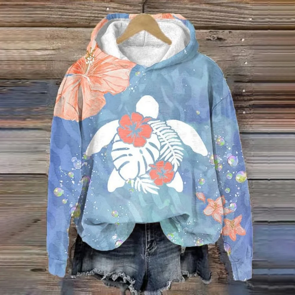 カメの花花柄 3D プリントパーカー女性カジュアルフード付きスウェットシャツストリートプルオーバー Y2K トップトラックスーツユニセックスコート服