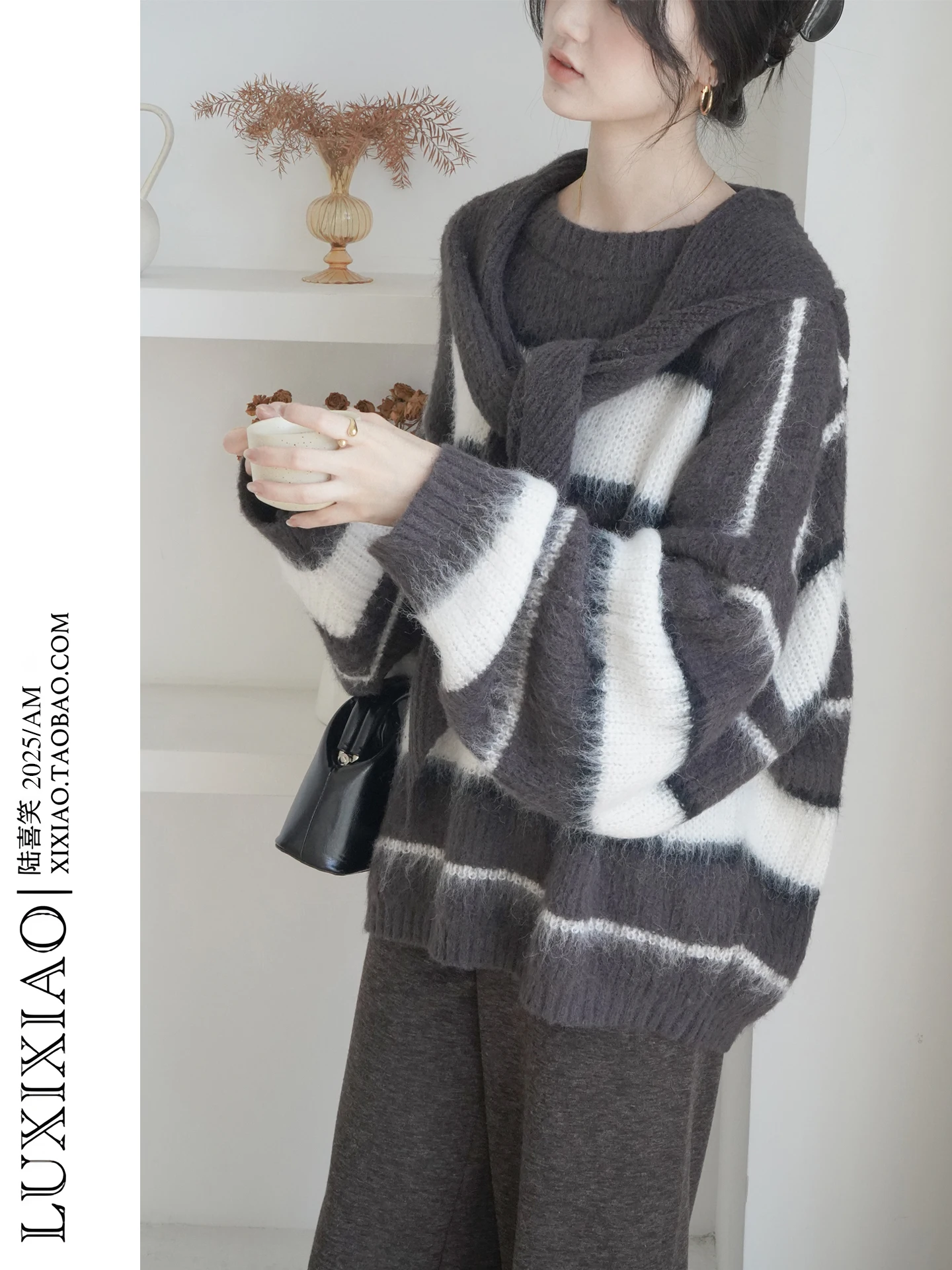 

LUXIXIAO Women's Knitted Sweater Autumn Winter Outerwear Thiened School Sle with awl Loose oulder Stripe round Ne K...