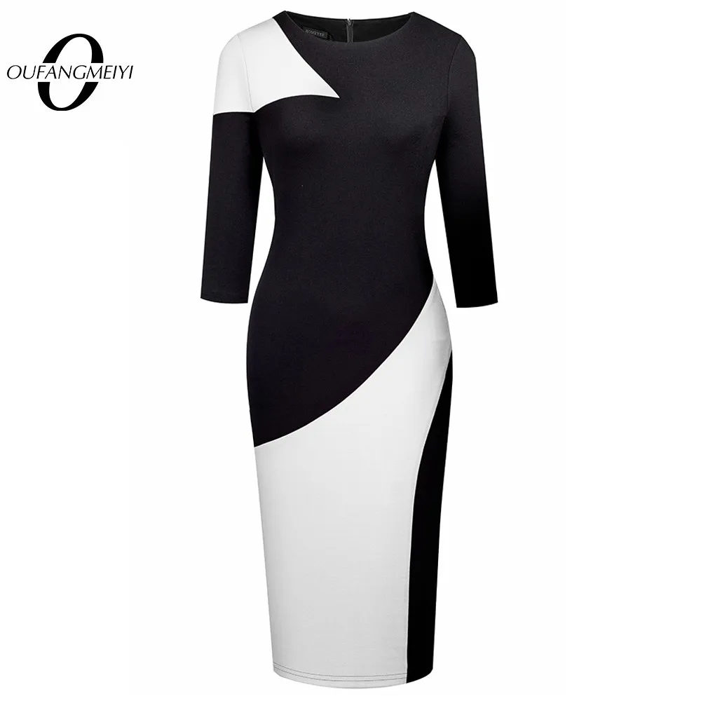 

Women Fashion Elegant 3/4 Sleeve O Neck Contrast Color Lady Bodycon Office Pencil Dress EB731