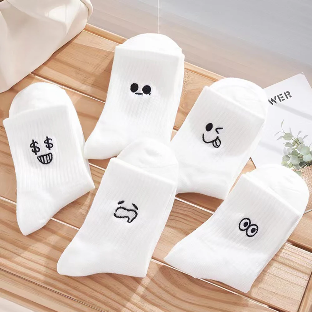 5 Pairs Women\'s Cartoon Socks Round Neck Mid Tube Fashionable Cute Expression Pattern Socks Casual Breathable Autumn Girls Socks