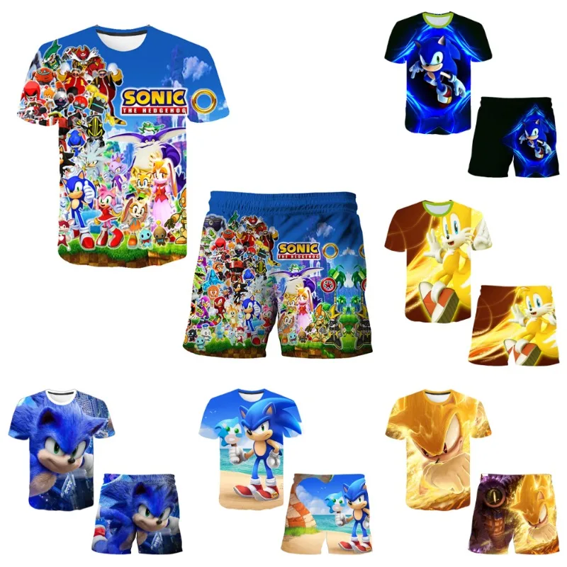 Sonic The Hedgehog Children's Clothing Summer Boys Girls Pajamas 2pcs/set Anime Harajuku Print Kids Short Sleeve Shorts Suit