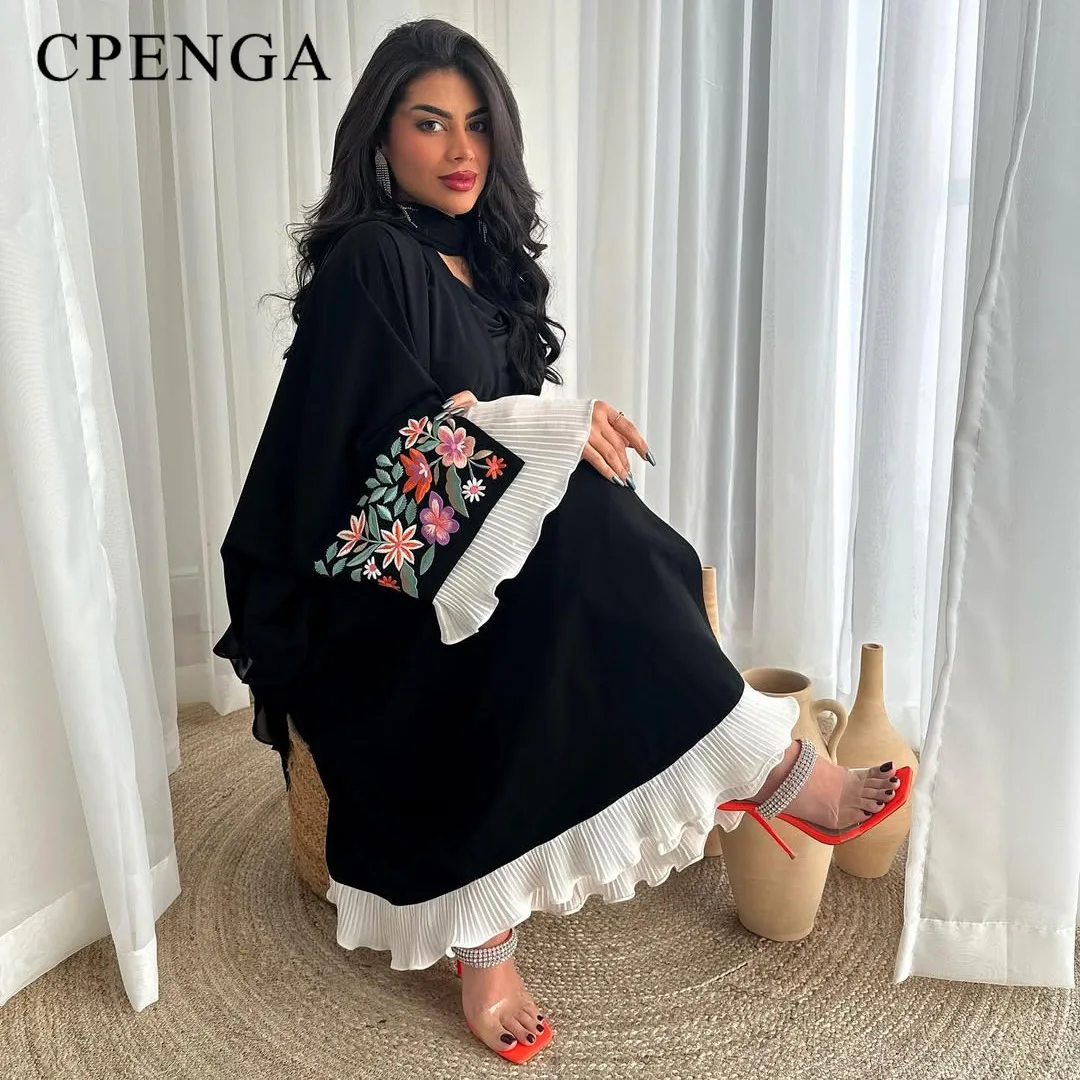 Luxury Dubai Abaya for Women Elegant Black Kaftan with White Pleated Cuffs Floral Embroidery Modest Evening Dress Islamic Caftan