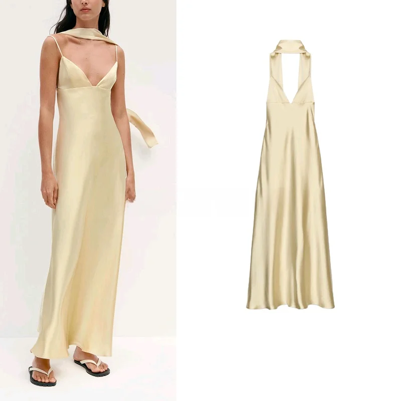 Ele Vita alta Raso di seta Lungo Dr Summer Faion Bal Design da donna con nodo Sciarpa sottile V-Ne Svel